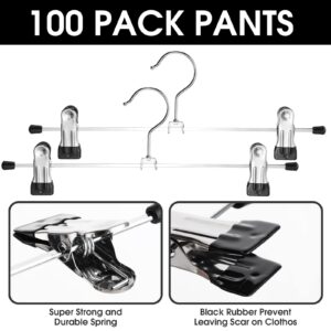 100 Packs Pant Hangers with Clips Adjustable Metal Pants Bulk Hanger Skirt Hangers for Women Kids Space Saving Heavy Duty Ultra Thin Short Hangers for Clothes Jeans Closet Organizer, Silver and Black