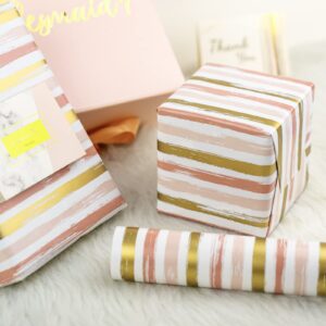 WRAPAHOLIC Reversible Wrapping Paper - Mini Roll - 17 Inch X 33 Feet - Pink Gold Lines and Solid Pink Design for Birthday, Holiday, Wedding, Baby Shower