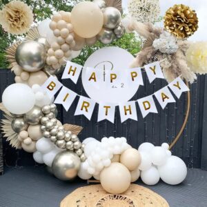 Gold Birthday Decorations, Gold Party Decorations, White and Gold Balloons Happy Birthday Banner Tablecloth Fringe Curtain Paper Pom Poms for Kids Women Men Girls Boys Birthday Golden Birthday Decor