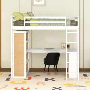 Bellemave Full Loft Bed with Desk and 6 Storage Shelves, Wood Loft Beds Frame with Bookcase and Writing Board, Modern High Loft Bed for Kids Boys Girls Teens, Full Size, White, White With Shelves