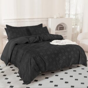 JELLYMONI Black Duvet Cover Full Size - 3 PCS Microfiber Tufted Duvet Cover Set, Boho Textured Duvet Cover Jacquard Rhombus Geometric Pattern Duvet Cover with Corner Ties & Zipper Closure