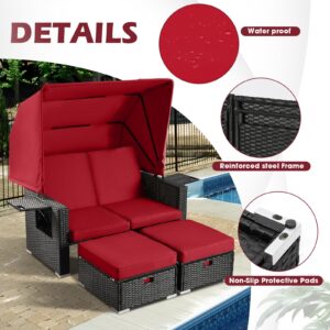 LEISU Outdoor Patio Furniture Sunbed with Retractable Canopy, PE Wicker Rattan Rectangle Sectional Sofa Set Clamshell Sectional Seating with Washable Cushions for Lawn Garden Poolside Backyard (Red)