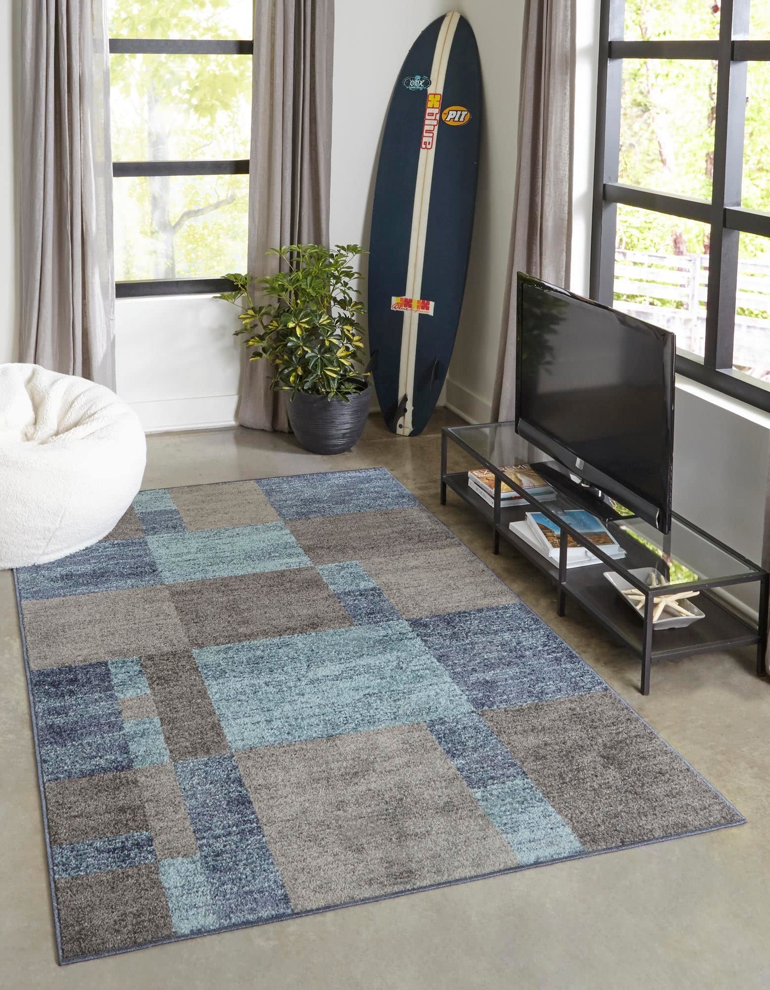 Rugs.com Equinox Collection Rug – 5' 3 x 8' Blue Gray Low Rug Perfect for Bedrooms, Dining Rooms, Living Rooms