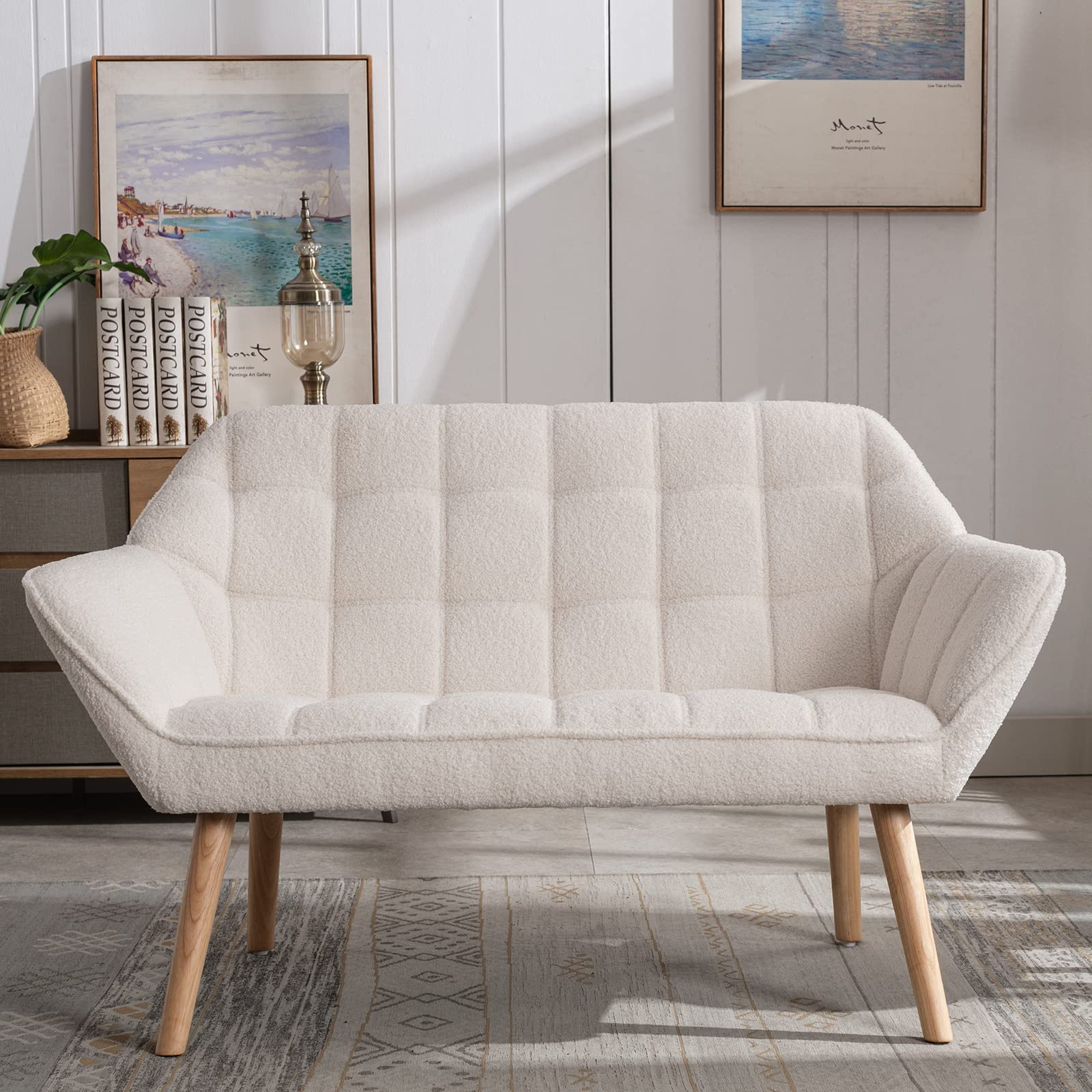 QUINJAY 48'' Small Loveseat Sofa, Modern Sherpa Mini Sofa Couch 2-Seater Fluffy Love Seat with Quilting Backs and Wood Legs for Living Room, Bedroom and Small Space, White, White; Fluffy