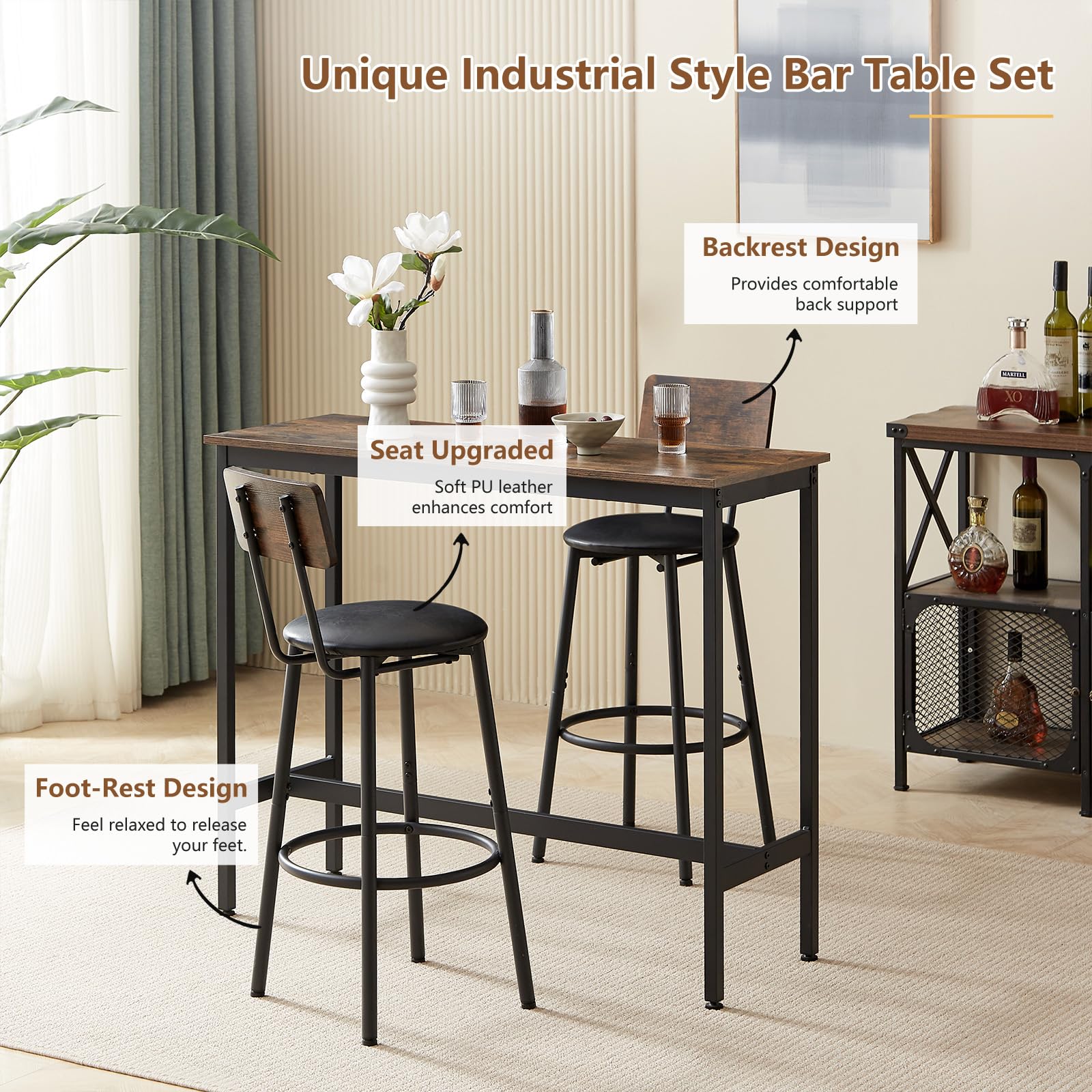 Tatub Bar Table and 2 Chairs Set, Industrial Style Bar Stools PU Upholstery Seat with Backrest, 3 Pieces Pub Dining Table Set for Kitchen, Apartment, Small Space, Brown