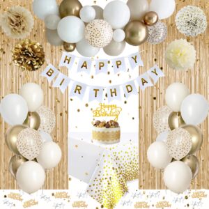 gold birthday decorations, gold party decorations, white and gold balloons happy birthday banner tablecloth fringe curtain paper pom poms for kids women men girls boys birthday golden birthday decor