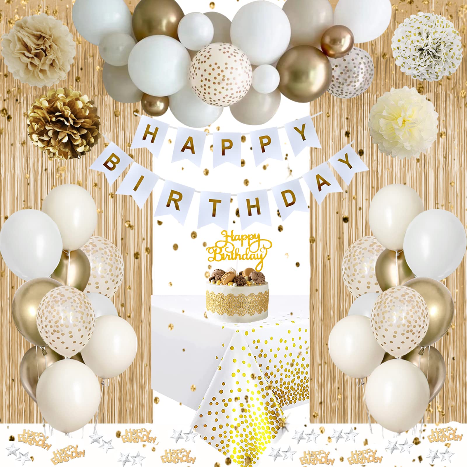 Gold Birthday Decorations, Gold Party Decorations, White and Gold Balloons Happy Birthday Banner Tablecloth Fringe Curtain Paper Pom Poms for Kids Women Men Girls Boys Birthday Golden Birthday Decor