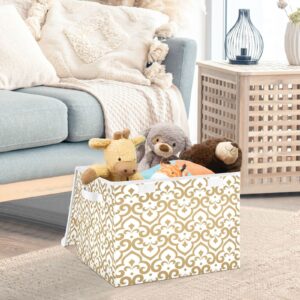 White Golden Floral Storage Basket Storage Bin Box with Lids and Handle Large Collapsible Storage Cube Box for Shelves Bedroom Closet Office 16.5x12.6x11.8 In