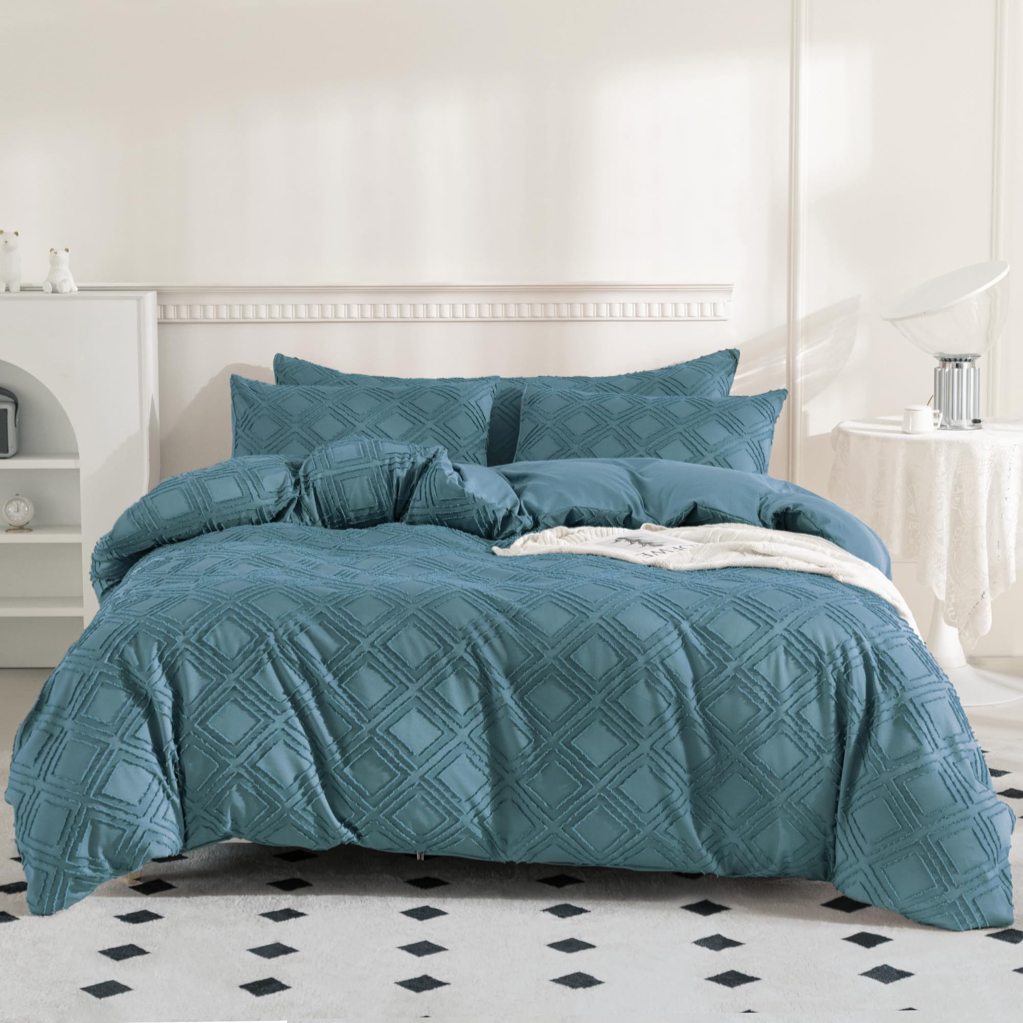 JELLYMONI Grayish Blue Duvet Cover Full Size - 3 PCS Microfiber Tufted Duvet Cover Set, Boho Textured Duvet Cover Jacquard Rhombus Geometric Pattern Duvet Cover with Corner Ties & Zipper Closure