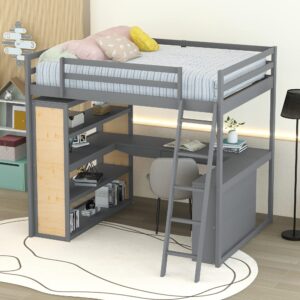 Bellemave Full Loft Bed with Desk and 6 Storage Shelves, Wood Loft Beds Frame with Bookcase and Writing Board, Modern High Loft Bed for Kids Boys Girls Teens, Full Size, White, Gray With Shelves