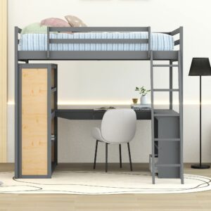 Bellemave Full Loft Bed with Desk and 6 Storage Shelves, Wood Loft Beds Frame with Bookcase and Writing Board, Modern High Loft Bed for Kids Boys Girls Teens, Full Size, White, Gray With Shelves