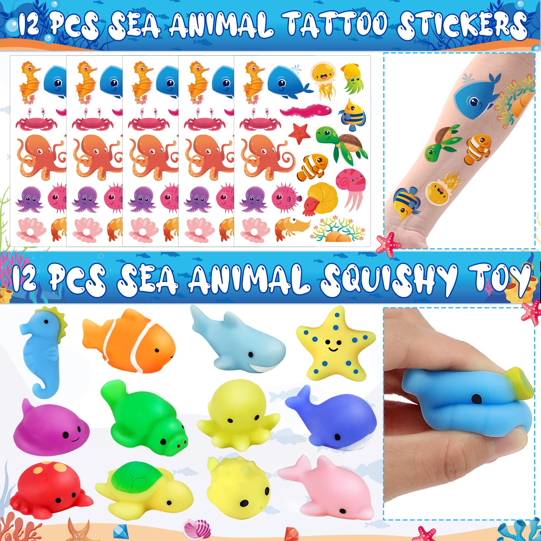 Under the Sea Party Favors 72 PCS Ocean Sea Animals Theme Slap Bracelets Squishy Toys DIY Stickers Temporary Tattoos Plastic Straws Gift Bags for Kids Birthday Party Baby Shower Goodie Bag Fillers