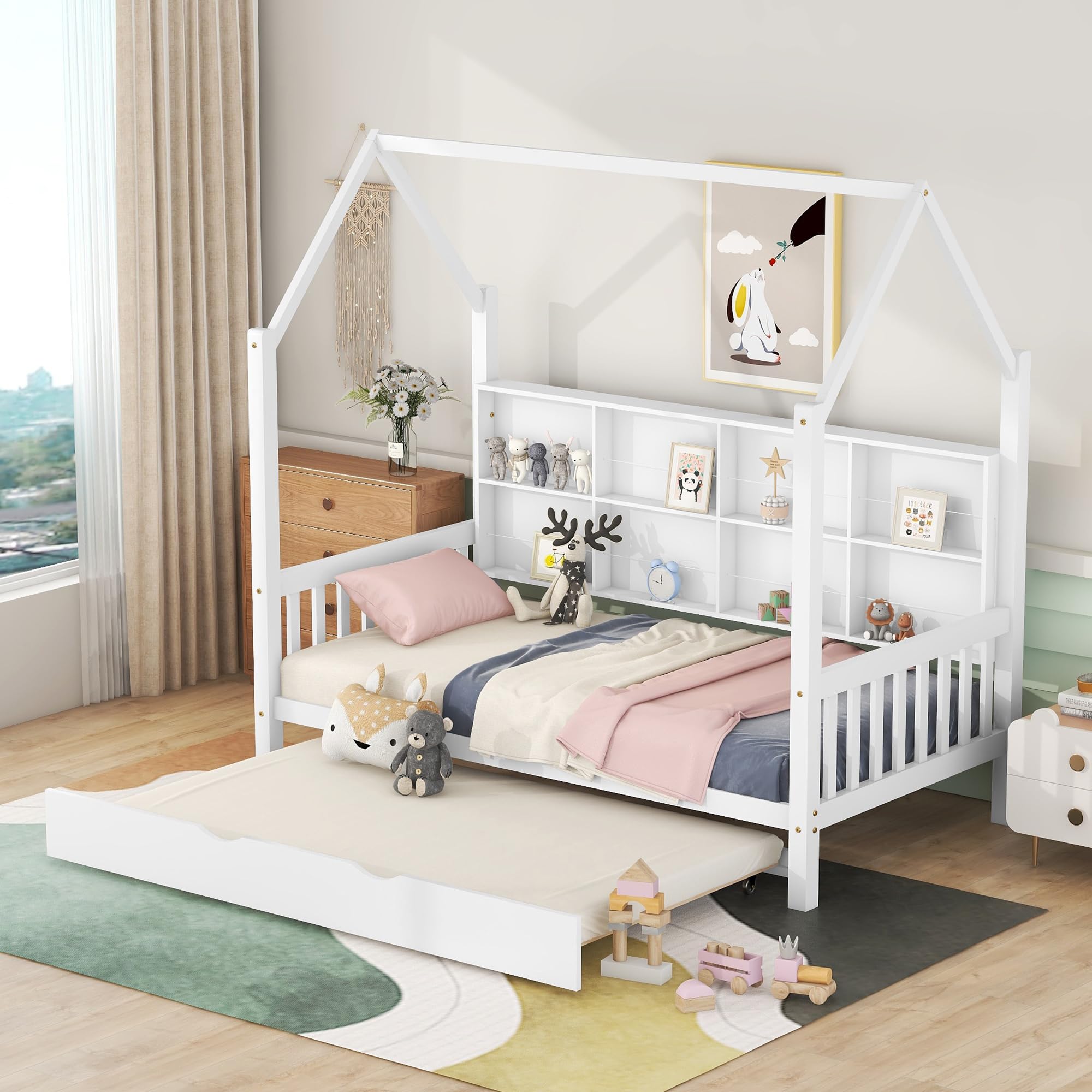 Harper & Bright Designs Twin Size House Bed with Trundle, Wood Twin House Bed Frame with Shelf Compartment, Twin House Bed for Kids with Roof for Girls, Boys,No Box Spring Needed, White