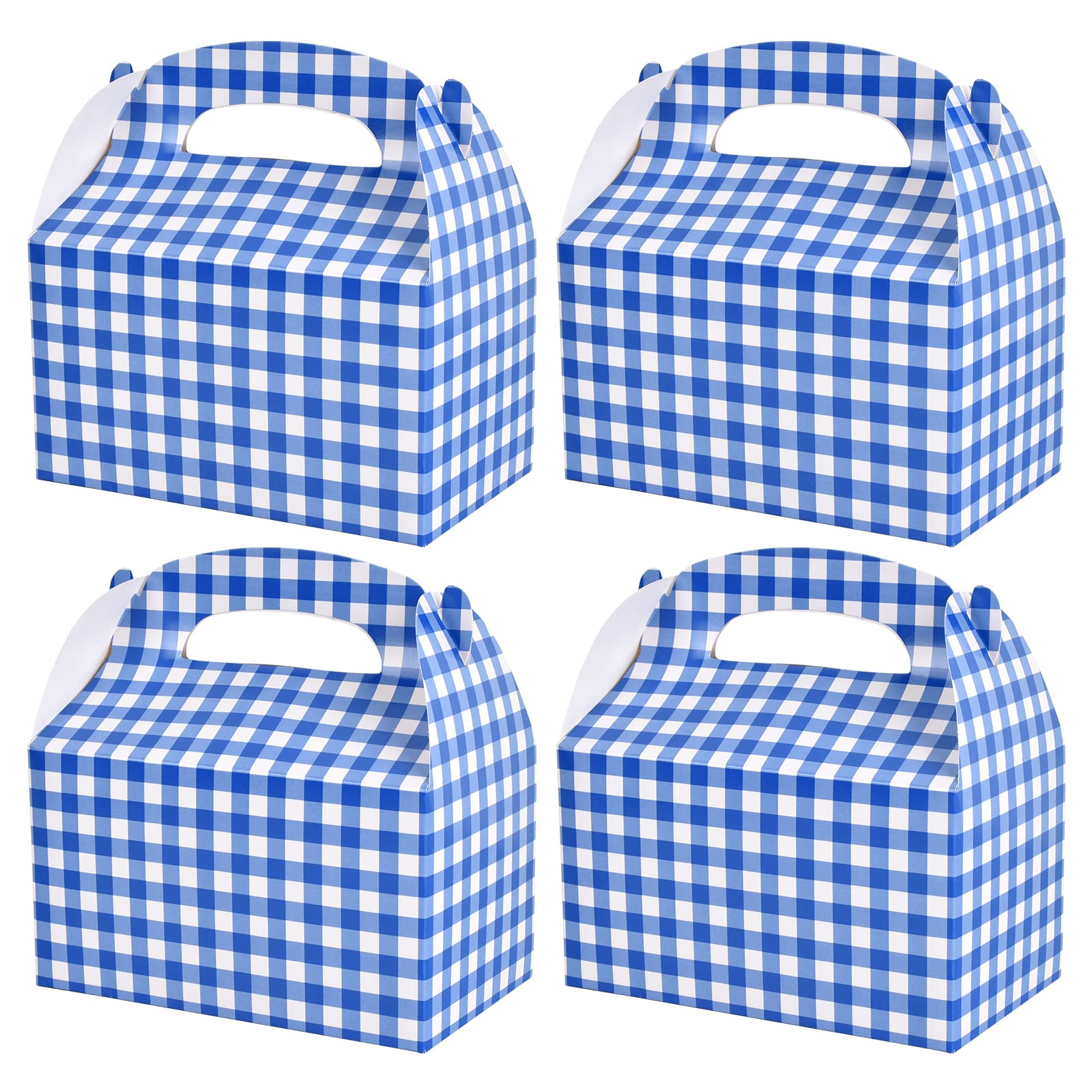 Blue and White Gingham Treat Boxes 24 Pieces Candy Gable Boxes Goodies Boxes Cardboard Present Boxes with Handles for Birthday Party Family Dinner Picnic Barbecue Father's Day Party