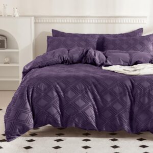 jellymoni purple duvet cover twin size - 3 pcs microfiber tufted duvet cover set, boho textured duvet cover jacquard rhombus geometric pattern duvet cover with corner ties & zipper closure