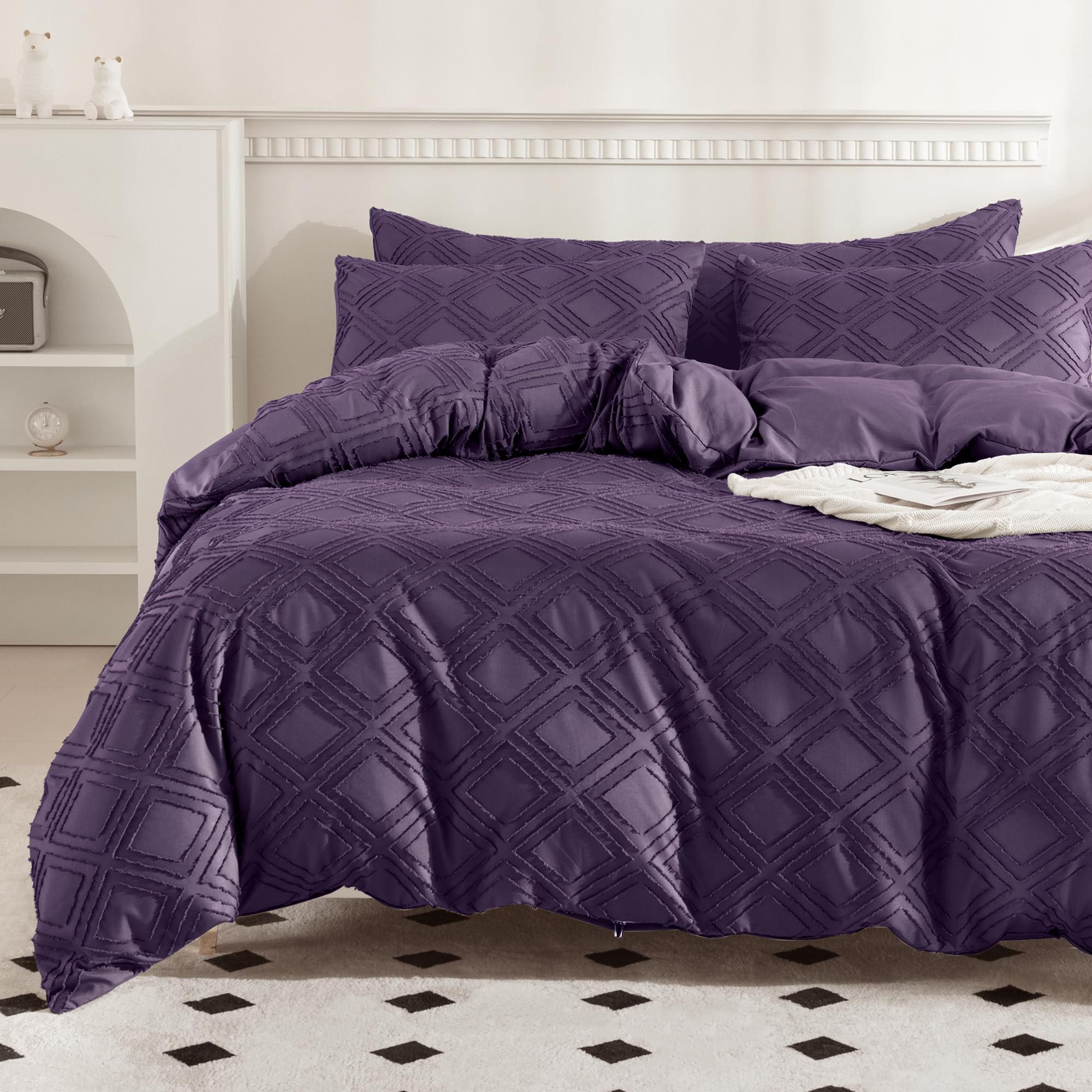 JELLYMONI Purple Duvet Cover Full Size - 3 PCS Microfiber Tufted Duvet Cover Set, Boho Textured Duvet Cover Jacquard Rhombus Geometric Pattern Duvet Cover with Corner Ties & Zipper Closure