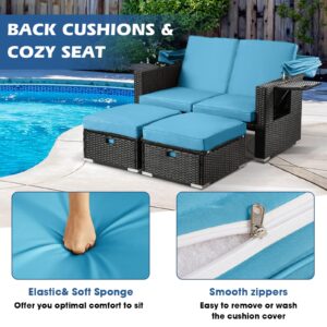 LEISU Outdoor Patio Furniture Sunbed with Retractable Canopy, PE Wicker Rattan Rectangle Sectional Sofa Set Clamshell Sectional Seating with Washable Cushions for Lawn Garden Backyard Poolside (Blue)