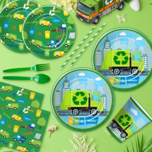 Xigejob Garbage Truck Birthday Party Supplies - Trash Party Decorations Tableware For Birthday Baby Shower, Plate, Cup, Napkin, Tablecloth, Cutlery, Straw, Waste Recycling Party Decorations | Serve 24