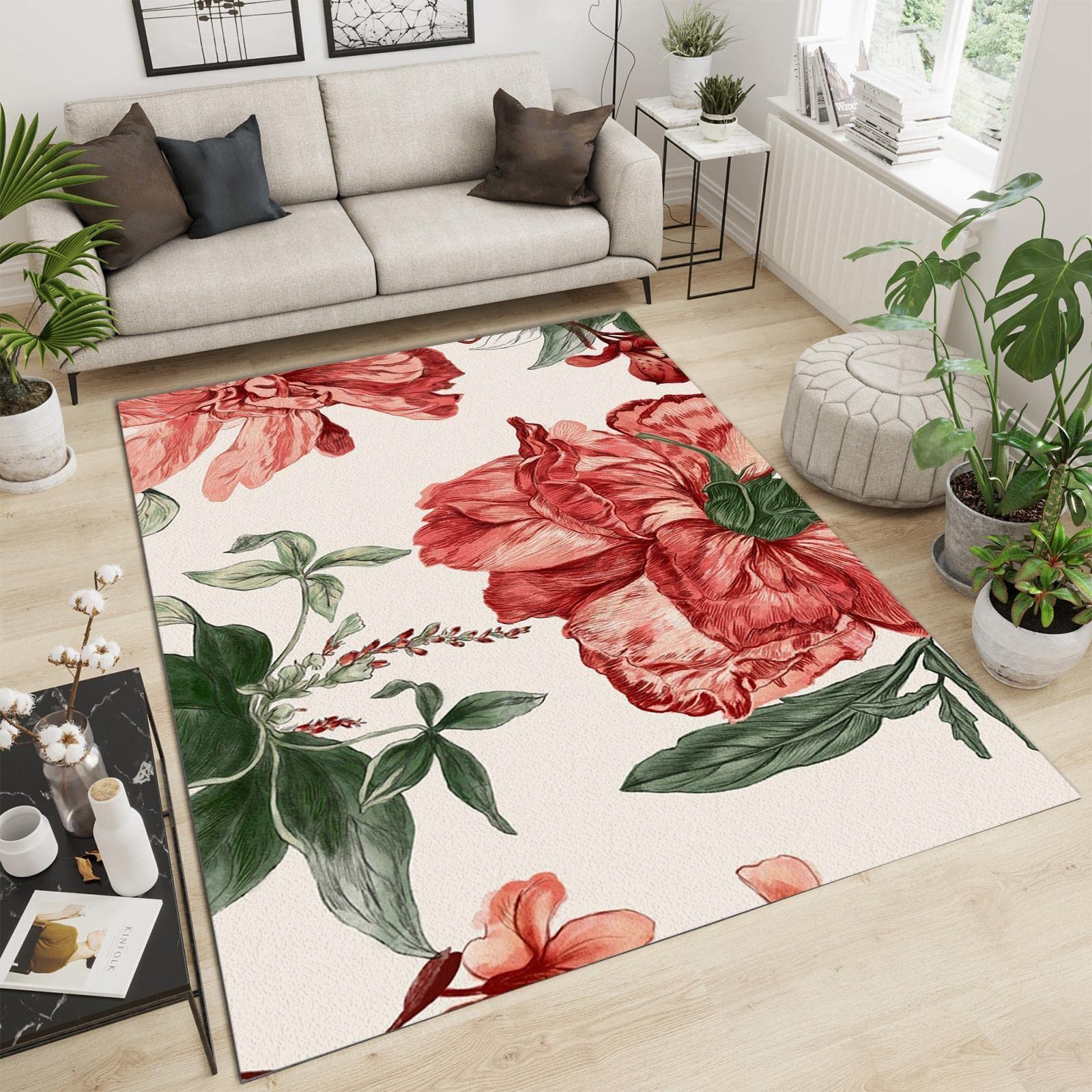 Red Roses Green Leaves Home Area Rug, Watercolor Floral Texture Artistic Indoor Non-Slip Kids Rug, Machine Washable Breathable Durable Carpet Mat for Living Room Bedroom Study 6x9ft