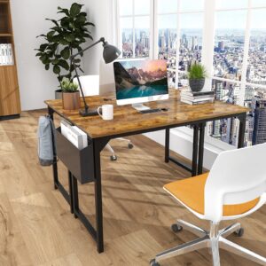 Computer Desk Home Office Desk 55 Inch Writing Desks Small Space Desk Study Table Modern Simple Style Work Table with Storage Bag Headphone Hook Wooden Tabletop Metal Frame for Home, Bedroom