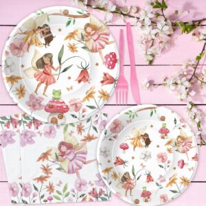 Xigejob Fairy Party Decorations Tableware - Fairy Birthday Party Supplies, Plate, Cup, Napkin, Tablecloth, Cutlery, Flower Fairies Enchanted Forest Garden Birthday & Baby Shower Decorations | Serve 24