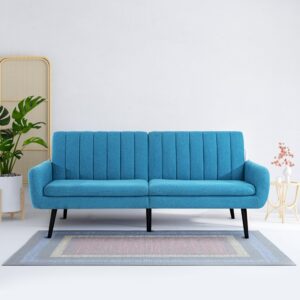 naomi home raven modern futon sofa bed, convertible sofa futon, split back linen sleeper couch for living room, mid century modern couch bed, fold out couch bed with tapered legs seafoam blue