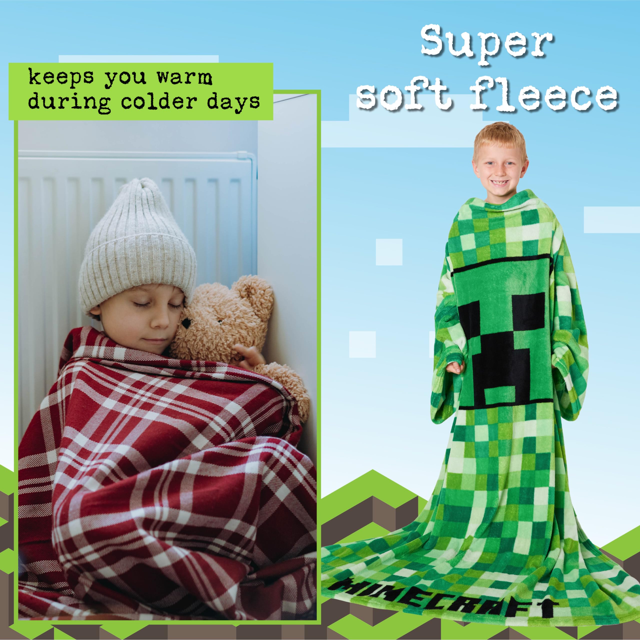 Minecraft Wearable Blanket for Kids and Teenagers - One Size Kids Blanket with Sleeves Cosy Lounge Wear Gifts for Boys, (Green)