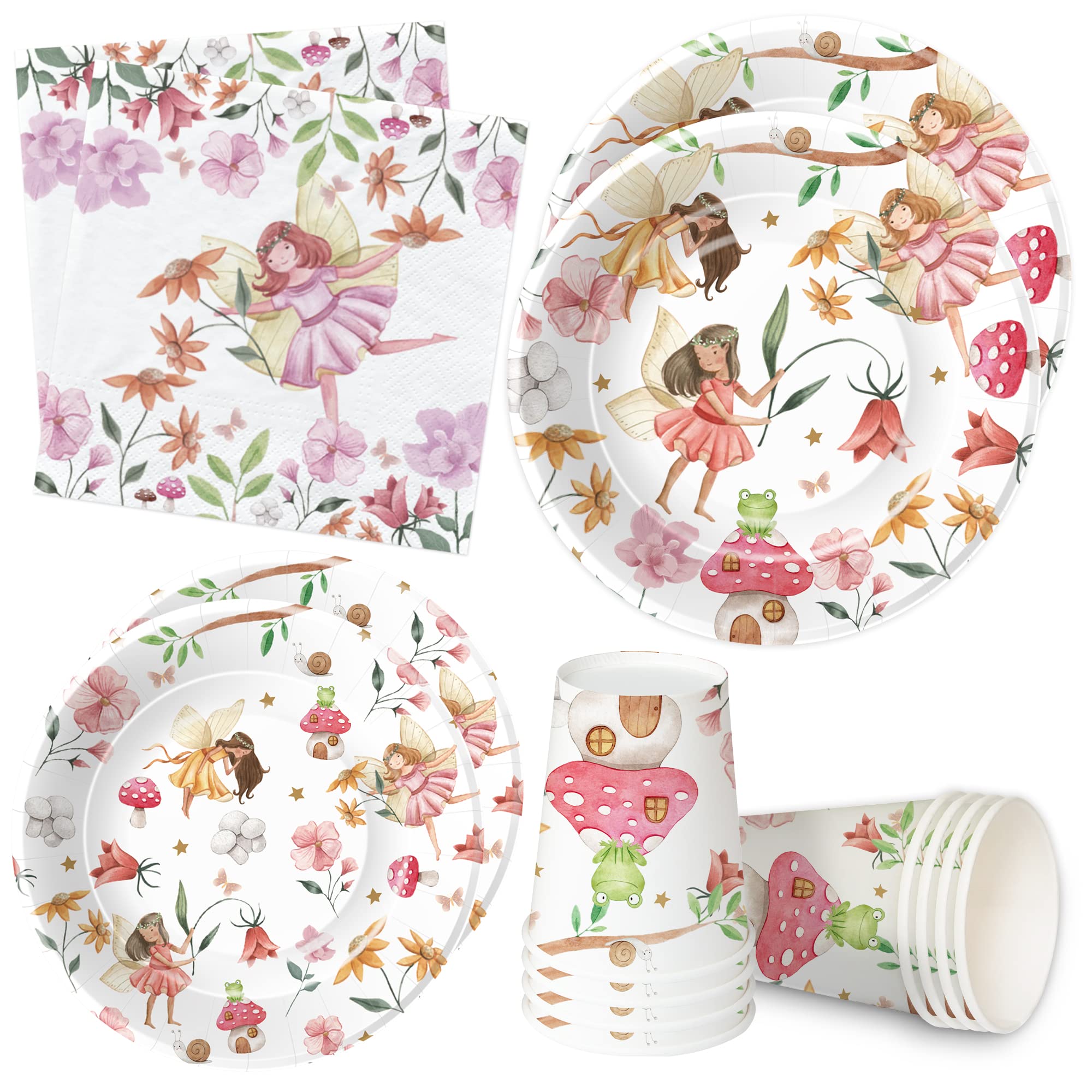 Xigejob Fairy Birthday Party Supplies - Fairy Party Decorations Dinnerware For Birthday & Baby Shower, Plate, Cup, Napkin, Flower Fairies Enchanted Forest Garden Theme Party Supplies | Serve 24