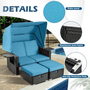 LEISU Outdoor Patio Furniture Sunbed with Retractable Canopy, PE Wicker Rattan Rectangle Sectional Sofa Set Clamshell Sectional Seating with Washable Cushions for Lawn Garden Backyard Poolside (Blue)