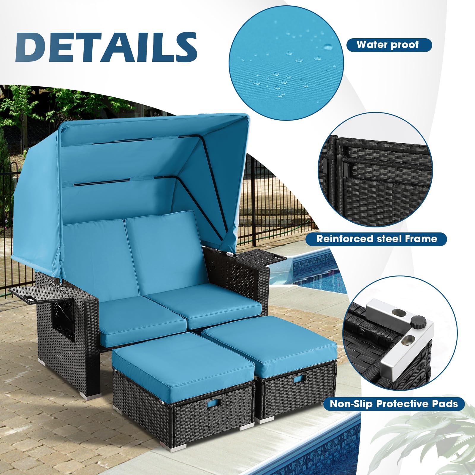 LEISU Outdoor Patio Furniture Sunbed with Retractable Canopy, PE Wicker Rattan Rectangle Sectional Sofa Set Clamshell Sectional Seating with Washable Cushions for Lawn Garden Backyard Poolside (Blue)