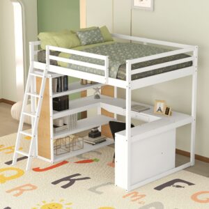 Bellemave Full Loft Bed with Desk and 6 Storage Shelves, Wood Loft Beds Frame with Bookcase and Writing Board, Modern High Loft Bed for Kids Boys Girls Teens, Full Size, White, White With Shelves