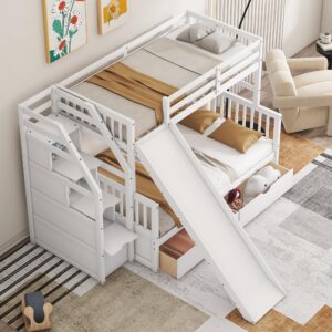 Harper & Bright Designs Bunk Bed with Slide, Twin Over Full Bunk Bed with Stairs,Wood Bunk Bed Twin Over Full Size with Storage Drawers for Kids Teens Girls Boys, No Spring Box Needed, White