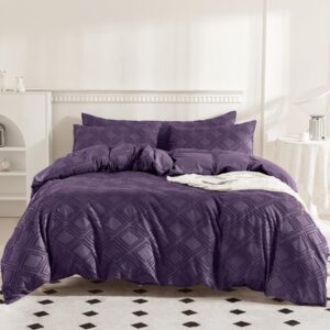 JELLYMONI Purple Duvet Cover Full Size - 3 PCS Microfiber Tufted Duvet Cover Set, Boho Textured Duvet Cover Jacquard Rhombus Geometric Pattern Duvet Cover with Corner Ties & Zipper Closure