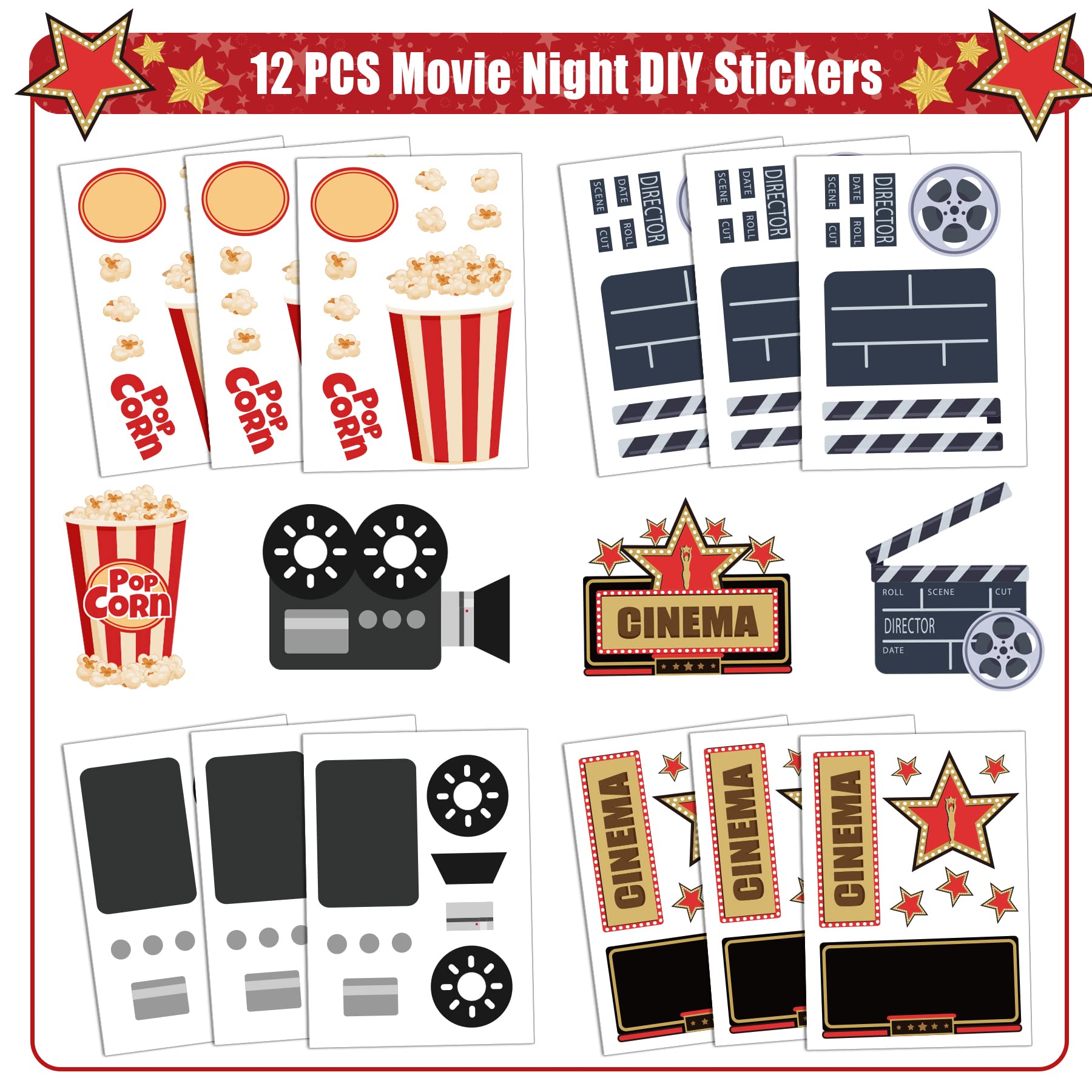 Movie Night Party Favors 72 PCS Movie Theater Slap Bracelets Temporary Tattoos DIY Stickers Keychains Plastic Straws Gift Bags for Kids Movie Night Carzy Birthday Party Gift Baby Shower Goodie Bag Fillers Movie Party Supplies