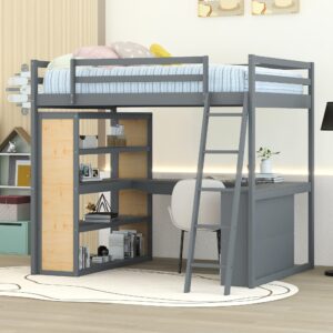 bellemave full loft bed with desk and 6 storage shelves, wood loft beds frame with bookcase and writing board, modern high loft bed for kids boys girls teens, full size, white, gray with shelves