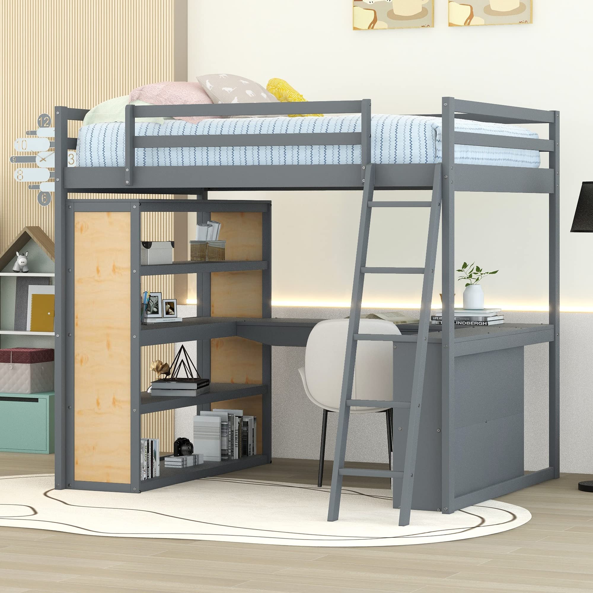 Bellemave Full Loft Bed with Desk and 6 Storage Shelves, Wood Loft Beds Frame with Bookcase and Writing Board, Modern High Loft Bed for Kids Boys Girls Teens, Full Size, White, Gray With Shelves