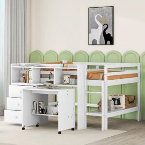 bellemave low full loft bed with desk and storage drawers wood kids loft beds frame with storage shelves & rolling portable desk for juniors, teen, boys, girls, full size, white