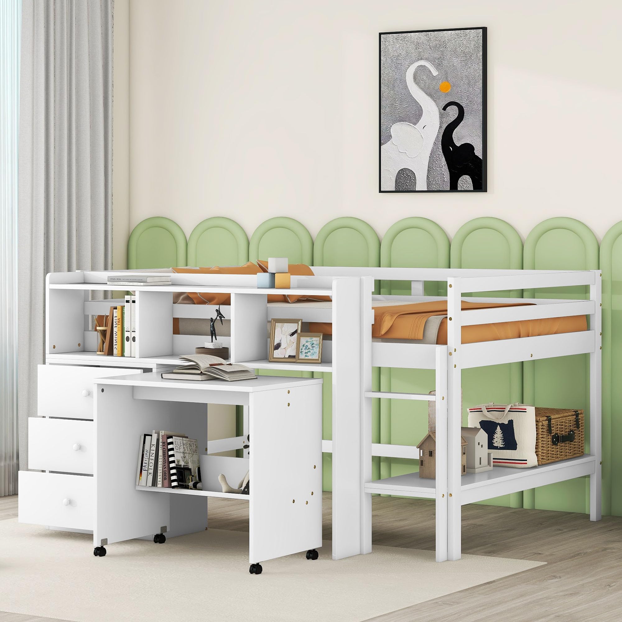 Bellemave Low Full Loft Bed with Desk and Storage Drawers Wood Kids Loft Beds Frame with Storage Shelves & Rolling Portable Desk for Juniors, Teen, Boys, Girls, Full Size, White