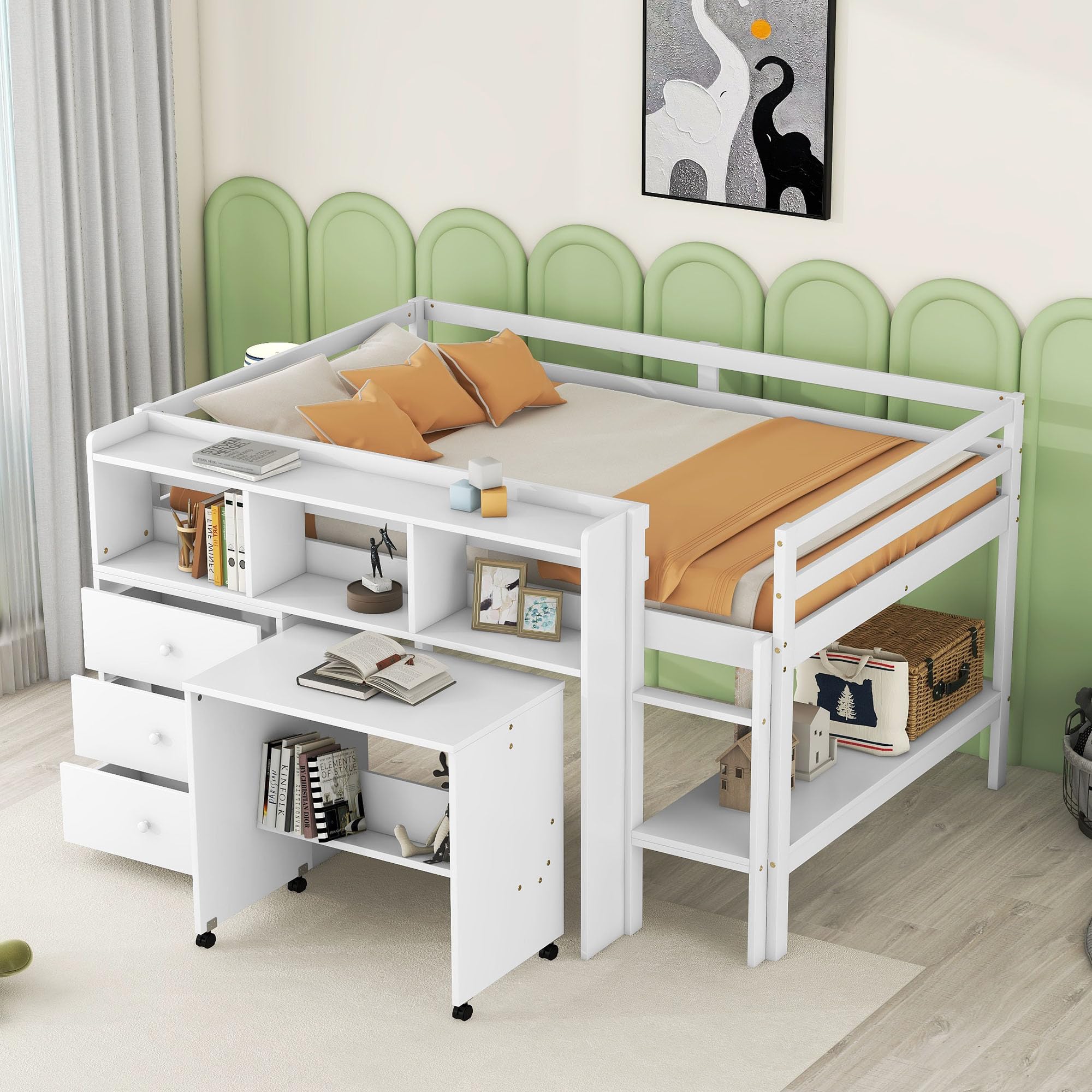 Bellemave Low Full Loft Bed with Desk and Storage Drawers Wood Kids Loft Beds Frame with Storage Shelves & Rolling Portable Desk for Juniors, Teen, Boys, Girls, Full Size, White