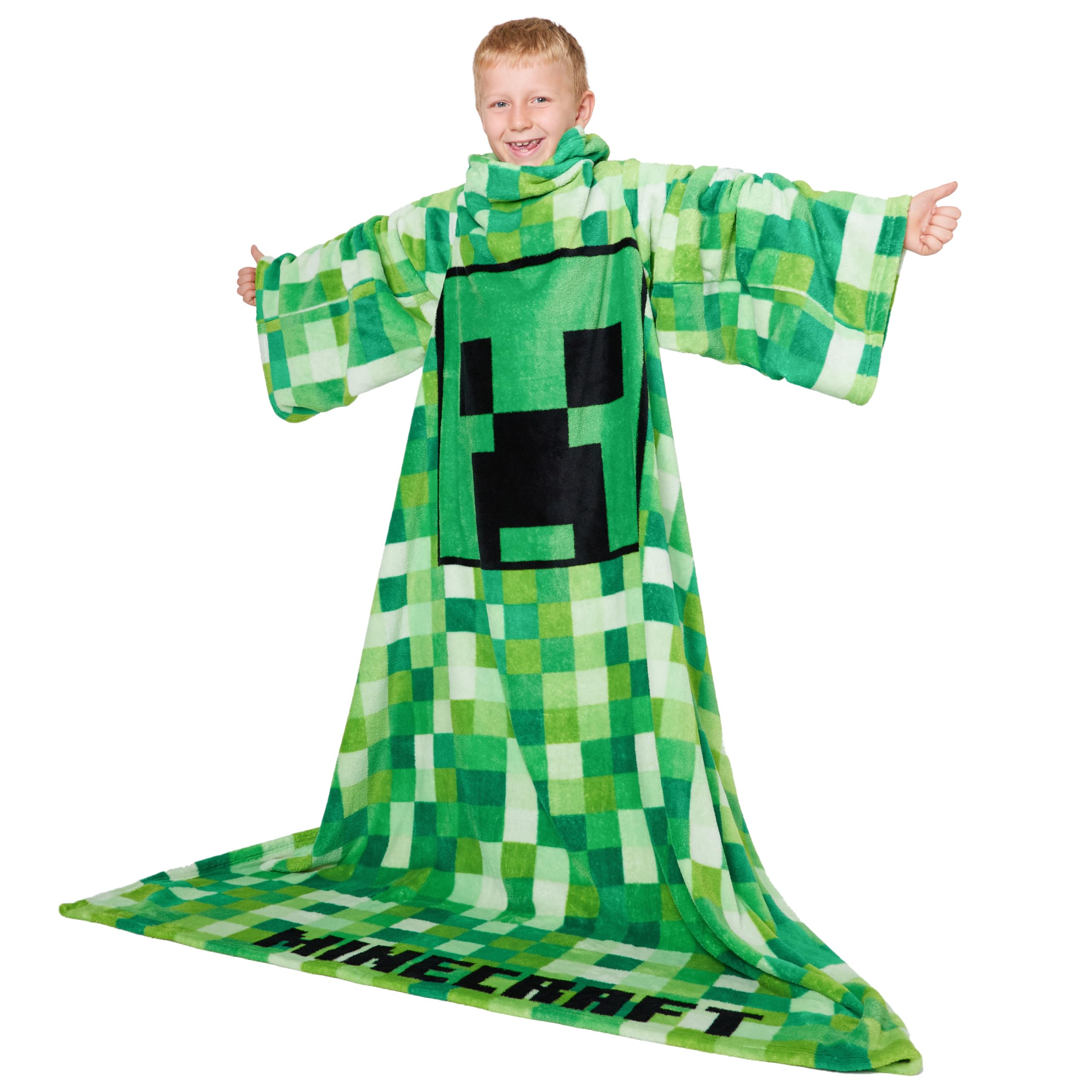 Minecraft Wearable Blanket for Kids and Teenagers - One Size Kids Blanket with Sleeves Cosy Lounge Wear Gifts for Boys, (Green)