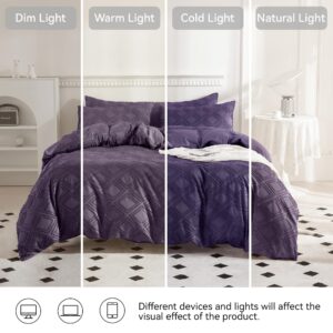 JELLYMONI Purple Duvet Cover Full Size - 3 PCS Microfiber Tufted Duvet Cover Set, Boho Textured Duvet Cover Jacquard Rhombus Geometric Pattern Duvet Cover with Corner Ties & Zipper Closure