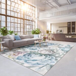 decomall jasmine washable area rugs 9x12ft, colorful modern floral non slip rug, soft and thin large carpet for living room bedroom,9x12ft blue/multi