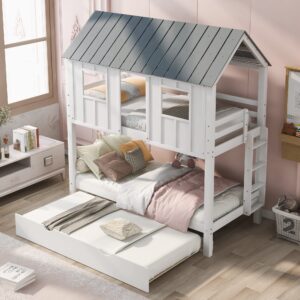 Merax Twin Over Twin House Bunk Beds with Trundle, Wood Bed Frames with Two Front Windows and Roof for Toddlers/Boys/Girls, White