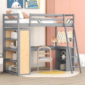 bellemave twin loft bed with desk and 6 storage shelves, wood loft beds frame with bookcase and writing board, modern high loft bed for kids boys girls teens, twin size, gray