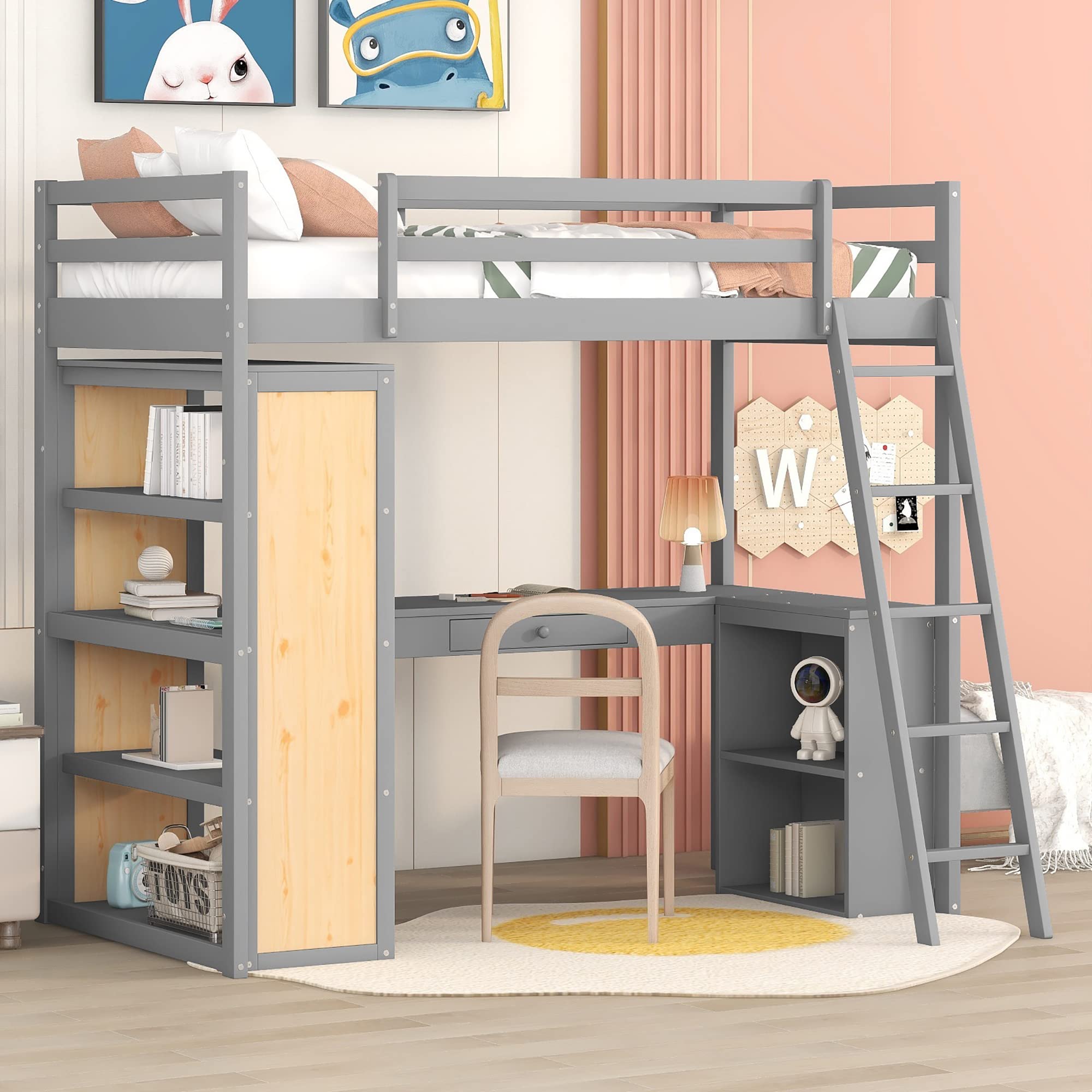 Bellemave Twin Loft Bed with Desk and 6 Storage Shelves, Wood Loft Beds Frame with Bookcase and Writing Board, Modern High Loft Bed for Kids Boys Girls Teens, Twin Size, Gray