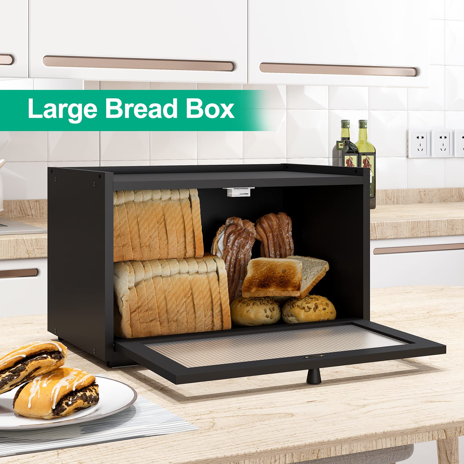 kiplant Large Bread Box for Kitchen Counter, Black Bamboo Bread Storage Container with Wavy Arcylic Transparent Door, Bamboo Wooden Farmhouse Bread Box for Your House