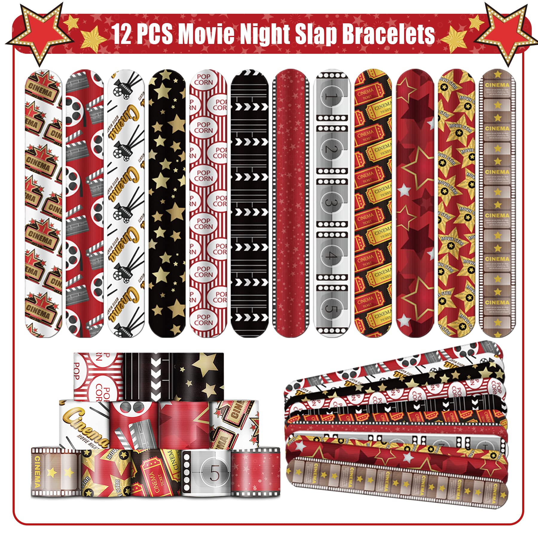 Movie Night Party Favors 72 PCS Movie Theater Slap Bracelets Temporary Tattoos DIY Stickers Keychains Plastic Straws Gift Bags for Kids Movie Night Carzy Birthday Party Gift Baby Shower Goodie Bag Fillers Movie Party Supplies