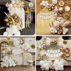 Gold Birthday Decorations, Gold Party Decorations, White and Gold Balloons Happy Birthday Banner Tablecloth Fringe Curtain Paper Pom Poms for Kids Women Men Girls Boys Birthday Golden Birthday Decor