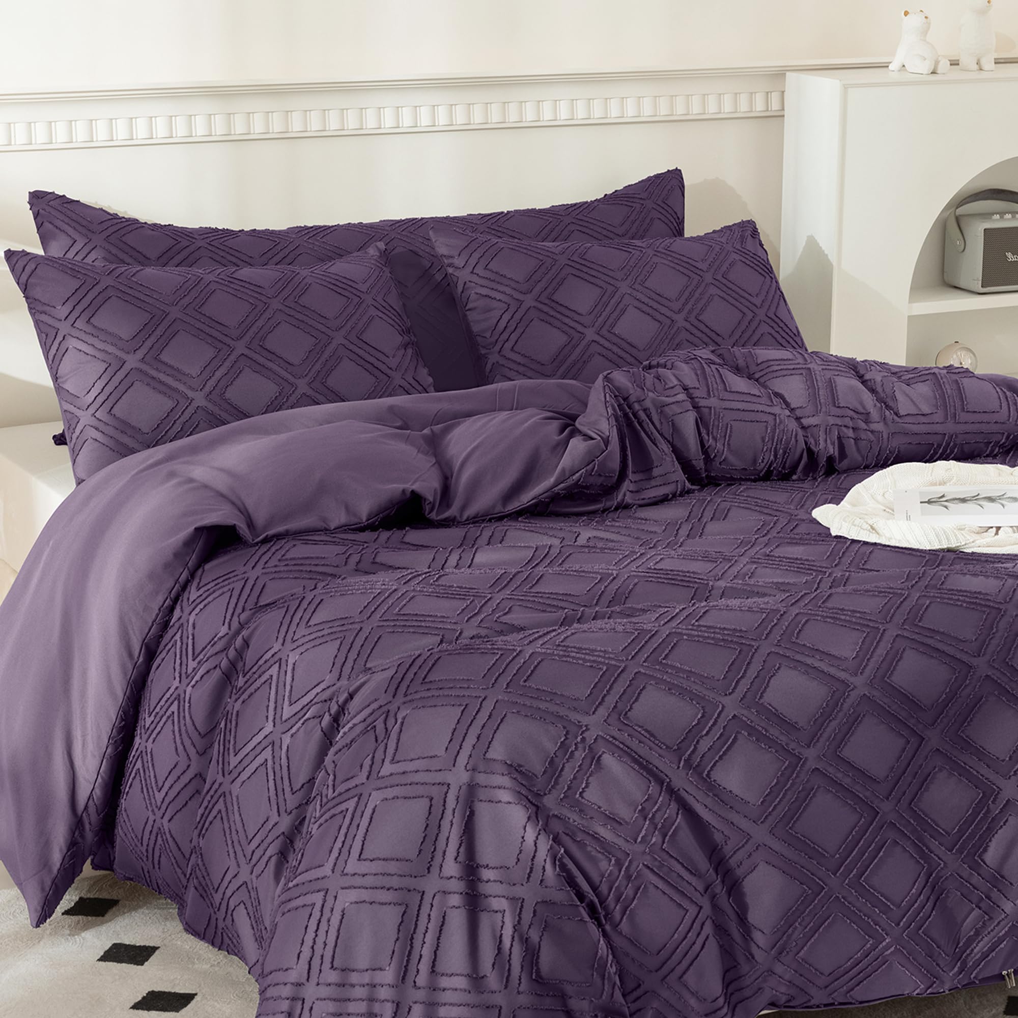 JELLYMONI Purple Duvet Cover Full Size - 3 PCS Microfiber Tufted Duvet Cover Set, Boho Textured Duvet Cover Jacquard Rhombus Geometric Pattern Duvet Cover with Corner Ties & Zipper Closure