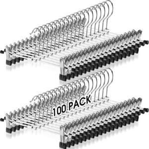 100 packs pant hangers with clips adjustable metal pants bulk hanger skirt hangers for women kids space saving heavy duty ultra thin short hangers for clothes jeans closet organizer, silver and black